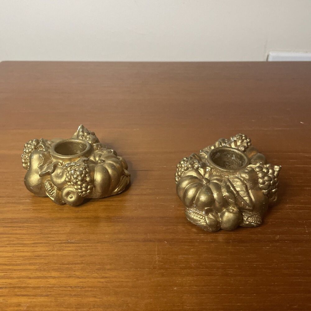2 Small Candle Holders Gold Thanksgiving Fall Decor